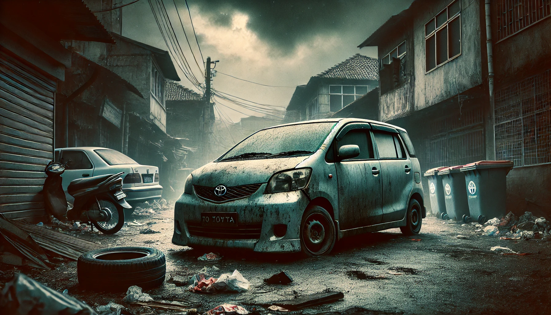 DALL·E 2025 04 27 11.58.10 A dramatic and critical 16 9 image showing a Toyota Roomy car in a negative light. The car appears damaged, poorly designed, and neglected, parked in