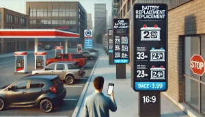 DALL·E 2025 04 30 19.48.38 A realistic 16 9 image showing a price comparison for car battery replacement at different locations, such as a gas station, auto parts store, and car DALL·E 2025 04 30 19.48.38 A realistic 16 9 image showing a price comparison for car battery replacement at different locations, such as a gas station, auto parts store, and car
