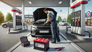 DALL·E 2025 04 30 19.49.27 A realistic 16 9 image of a car battery being replaced at a modern gas station. The scene shows a mechanic in a uniform working under the hood of a ca DALL·E 2025 04 30 19.49.27 A realistic 16 9 image of a car battery being replaced at a modern gas station. The scene shows a mechanic in a uniform working under the hood of a ca