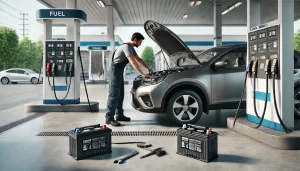 DALL·E 2025 04 30 19.49.29 A realistic 16 9 image of a car battery being replaced at a modern gas station. The scene shows a mechanic in a uniform working under the hood of a ca DALL·E 2025 04 30 19.49.29 A realistic 16 9 image of a car battery being replaced at a modern gas station. The scene shows a mechanic in a uniform working under the hood of a ca
