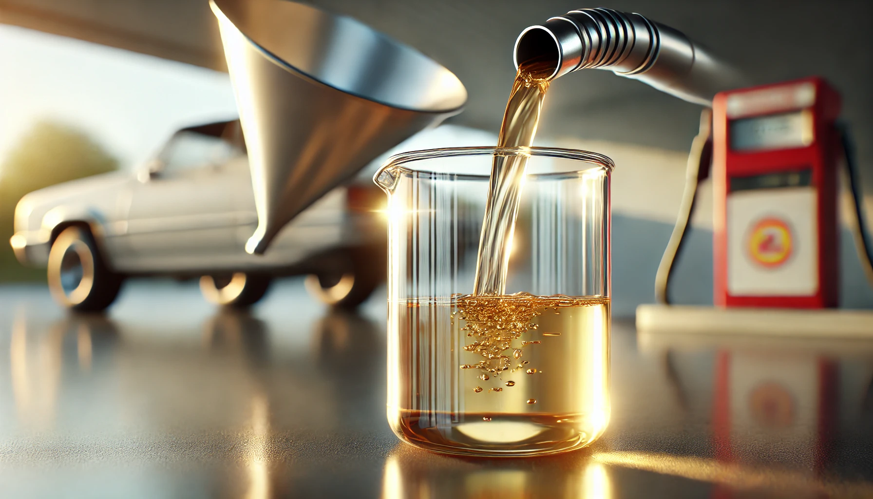 DALL·E 2025 05 01 20.28.39 A realistic 16 9 image showing gasoline being poured into a transparent container. The gasoline appears as a light amber or pale yellow liquid, slight