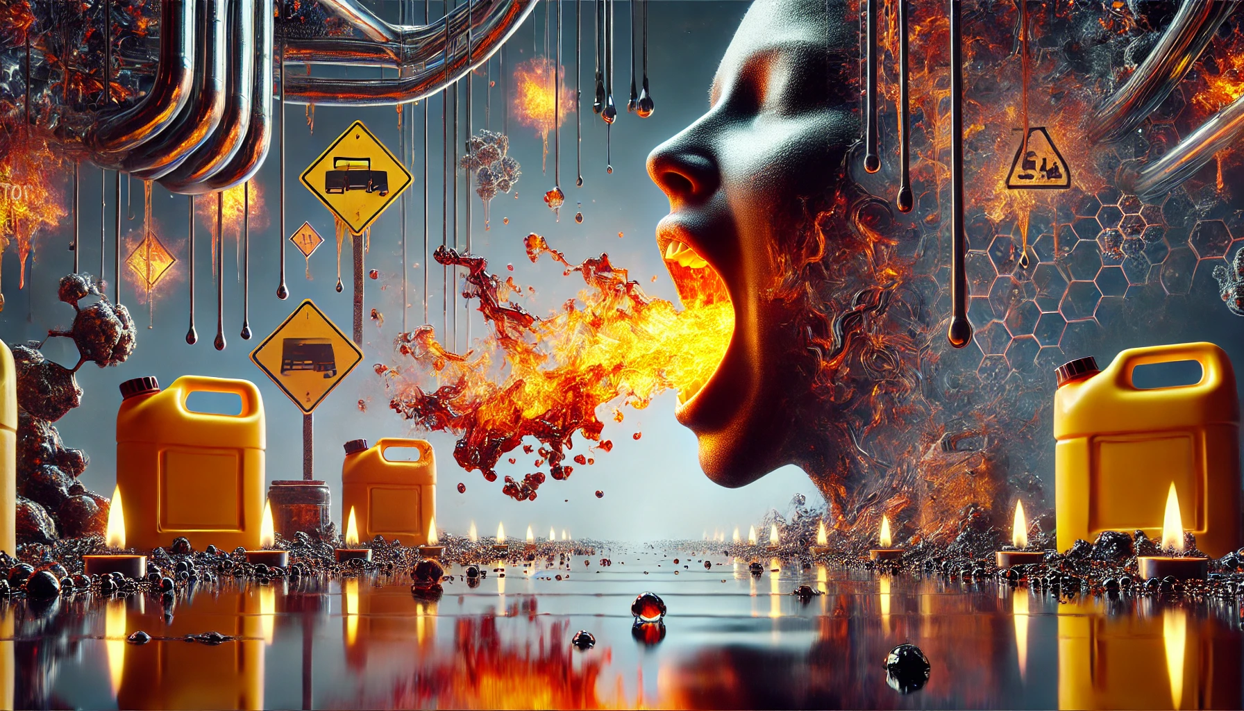 DALL·E 2025 05 01 21.18.16 A surreal and metaphorical 16 9 cinematic image representing the sensation of tasting gasoline. The scene shows a dark, abstract environment with fier