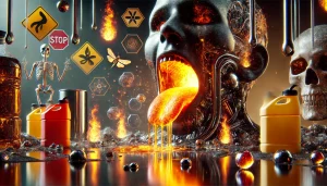 DALL·E 2025 05 01 21.18.19 A surreal and metaphorical 16 9 cinematic image representing the sensation of tasting gasoline. The scene shows a dark, abstract environment with fier DALL·E 2025 05 01 21.18.19 A surreal and metaphorical 16 9 cinematic image representing the sensation of tasting gasoline. The scene shows a dark, abstract environment with fier