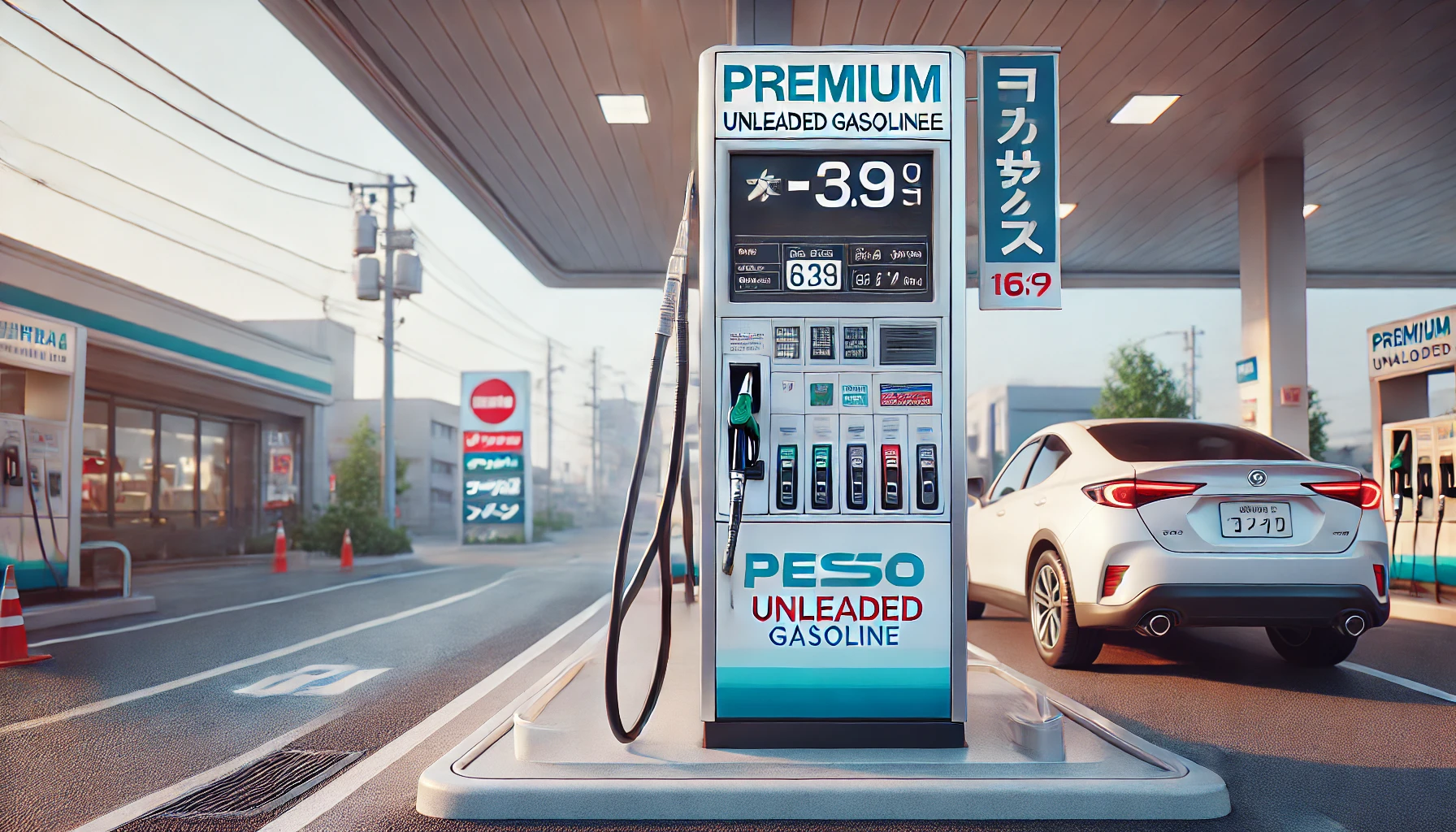 DALL·E 2025 05 02 20.14.36 A realistic 16 9 image of a premium unleaded gasoline pump at a Japanese gas station during daytime. The fuel pump is labeled '無鉛プレミアム' in Japanese, w