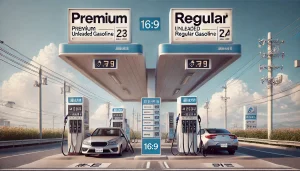 DALL·E 2025 05 02 20.17.12 A realistic 16 9 image comparing premium unleaded gasoline (無鉛プレミアムガソリン) and regular gasoline (レギュラーガソリン) at a modern Japanese gas station. Two fuel p DALL·E 2025 05 02 20.17.12 A realistic 16 9 image comparing premium unleaded gasoline (無鉛プレミアムガソリン) and regular gasoline (レギュラーガソリン) at a modern Japanese gas station. Two fuel p