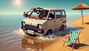 DALL·E 2025 05 05 17.08.23 A humorous scene featuring a compact, boxy Japanese car resembling the Mitsubishi Delica Mini doing something unexpected or funny, such as being parke DALL·E 2025 05 05 17.08.23 A humorous scene featuring a compact, boxy Japanese car resembling the Mitsubishi Delica Mini doing something unexpected or funny, such as being parke