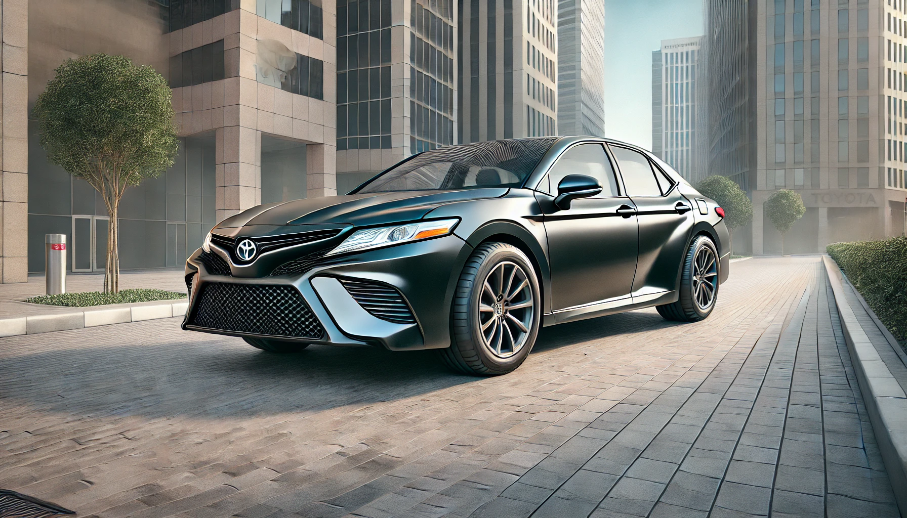 DALL·E 2025 05 09 19.44.04 A large, modern Toyota Camry parked in an urban setting, showcasing its sleek and bold design. The car appears oversized compared to normal surroundin