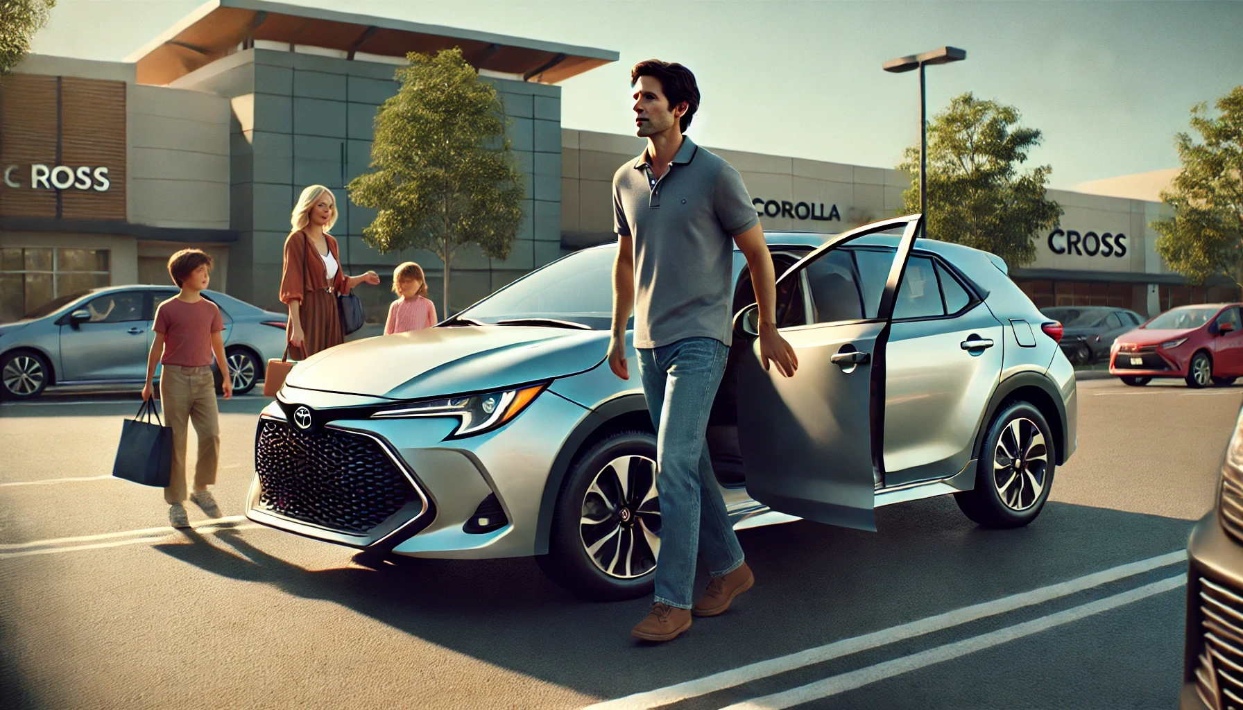 DALL·E 2025 05 11 13.32.25 A realistic image of a 30 something year old man arriving at a suburban shopping mall parking lot in a Toyota Corolla Cross. He is dressed casually (j