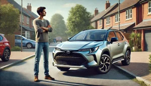 DALL·E 2025 05 11 13.37.46 A realistic 16 9 image depicting a disappointed car owner standing next to a Toyota Corolla Cross in a suburban driveway or parking lot. The person, i DALL·E 2025 05 11 13.37.46 A realistic 16 9 image depicting a disappointed car owner standing next to a Toyota Corolla Cross in a suburban driveway or parking lot. The person, i