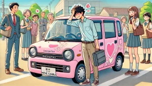 DALL·E 2025 05 12 20.50.34 A humorous illustration in anime style showing a young man feeling embarrassed while getting out of a pastel pink Daihatsu Move Canbus. The scene is s DALL·E 2025 05 12 20.50.34 A humorous illustration in anime style showing a young man feeling embarrassed while getting out of a pastel pink Daihatsu Move Canbus. The scene is s
