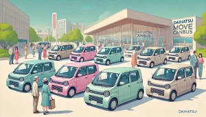 DALL·E 2025 05 12 20.51.58 An illustration in clean, colorful style showing the 2024 Daihatsu Move Canbus lineup in a 16 9 wide format. Display several cars in a row in a bright DALL·E 2025 05 12 20.51.58 An illustration in clean, colorful style showing the 2024 Daihatsu Move Canbus lineup in a 16 9 wide format. Display several cars in a row in a bright