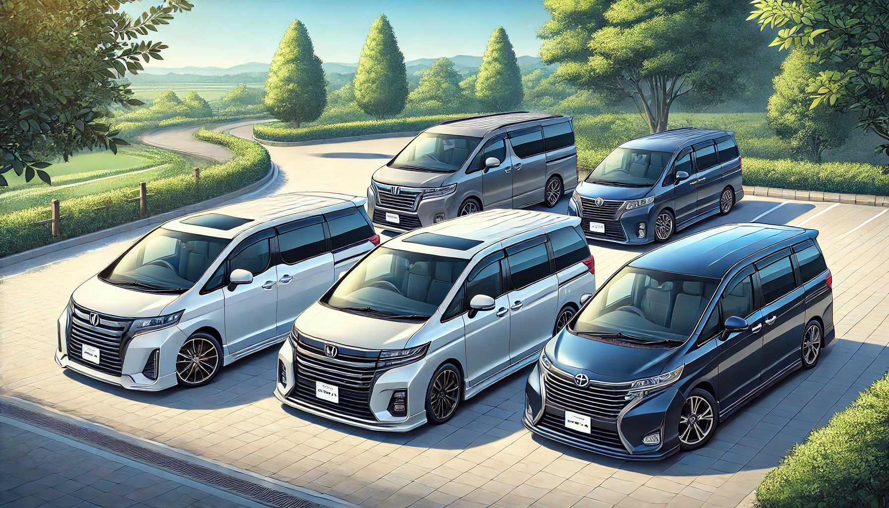 DALL·E 2025 05 19 19.29.32 A detailed and realistic illustration of four Japanese family minivans parked side by side in a scenic outdoor location during the daytime. The vehicl