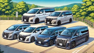 DALL·E 2025 05 19 19.29.34 A detailed and realistic illustration of four Japanese family minivans parked side by side in a scenic outdoor location during the daytime. The vehicl