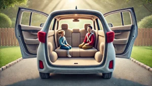 DALL·E 2025 05 23 10.29.26 A felt style illustration of the rear seats of a Toyota Yaris Cross, shown in a cozy, cartoonish aesthetic. The image displays the rear passenger area
