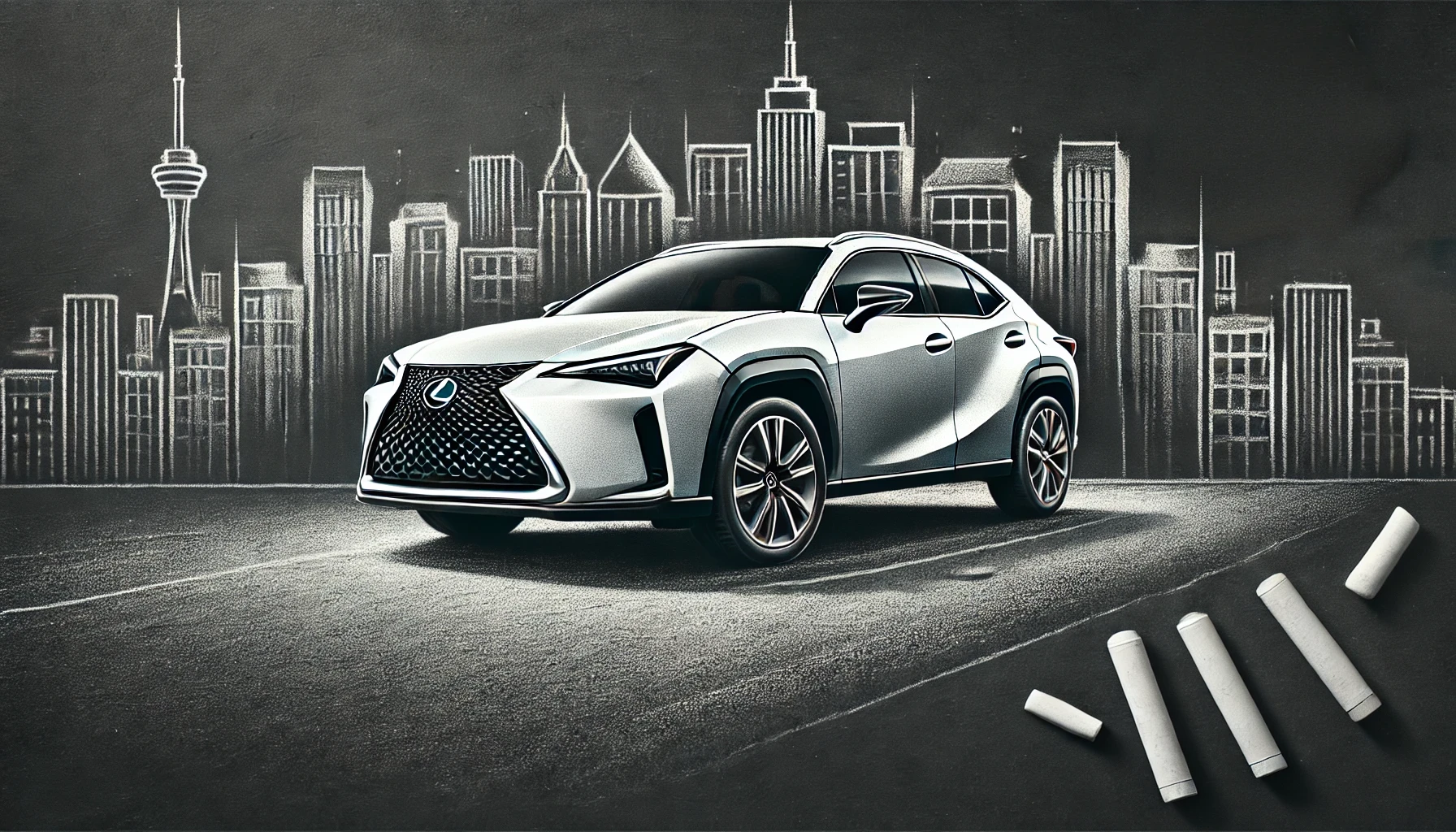 DALL·E 2025 05 24 15.24.32 A 16 9 illustration of a Lexus UX car depicted in a chalk art style, with the car in a three quarter front view on a textured asphalt road. The backgr