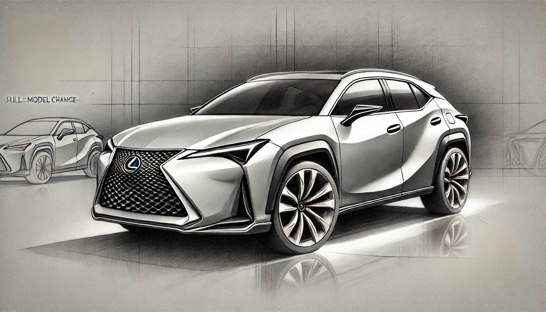 DALL·E 2025 05 24 16.03.39 A pencil sketch illustration of the next generation Lexus UX after a full model change, in 16 9 aspect ratio. The car is depicted in a dynamic, three