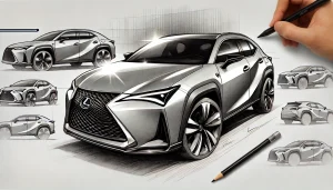 DALL·E 2025 05 24 16.04.52 A pencil sketch illustration of the next generation Lexus UX after a full model change, in 16 9 aspect ratio. The car is shown in a dynamic, three qua DALL·E 2025 05 24 16.04.52 A pencil sketch illustration of the next generation Lexus UX after a full model change, in 16 9 aspect ratio. The car is shown in a dynamic, three qua