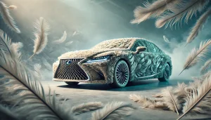DALL·E 2025 05 25 10.40.58 A 16 9 image of a Lexus car creatively constructed from feathers. The feathers are layered and textured to form the sleek body of the car, with irides