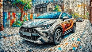 DALL·E 2025 05 25 13.03.02 A modern SUV inspired by the Toyota Corolla Cross, depicted in a mosaic art style. The vehicle is shown from a front side angle, with a sleek, urban d DALL·E 2025 05 25 13.03.02 A modern SUV inspired by the Toyota Corolla Cross, depicted in a mosaic art style. The vehicle is shown from a front side angle, with a sleek, urban d
