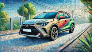 DALL·E 2025 05 25 13.03.05 A modern SUV inspired by the Toyota Corolla Cross, depicted in a mosaic art style. The vehicle is shown from a front side angle, with a sleek, urban d DALL·E 2025 05 25 13.03.05 A modern SUV inspired by the Toyota Corolla Cross, depicted in a mosaic art style. The vehicle is shown from a front side angle, with a sleek, urban d