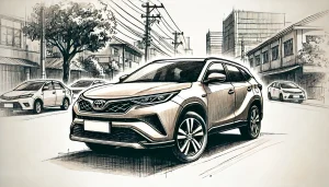 DALL·E 2025 05 26 12.02.35 A hand drawn style image of a Toyota Harrier, shown in a 16 9 aspect ratio. The car is sleek and modern, with smooth lines and a bold front grille. It