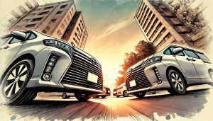 DALL·E 2025 05 30 09.35.17 A dramatic low angle view (worm's eye perspective) of two Japanese minivans, the Toyota Noah and Toyota Voxy, illustrated in a hand drawn style. The v DALL·E 2025 05 30 09.35.17 A dramatic low angle view (worm's eye perspective) of two Japanese minivans, the Toyota Noah and Toyota Voxy, illustrated in a hand drawn style. The v