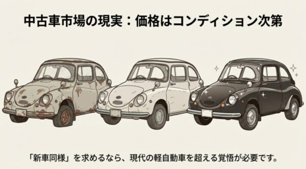 スバル360のレストアベースからフルレストア車までの中古車状態と価格相場の比較