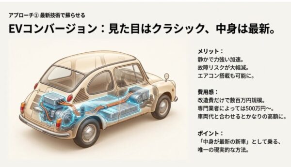 スバル360のエンジンをモーターとバッテリーに換装したEVコンバージョンの内部構造図