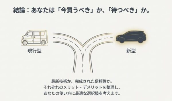 エブリイワゴンの現行型を買うべきか、新型を待つべきかの分かれ道を示したイメージイラスト