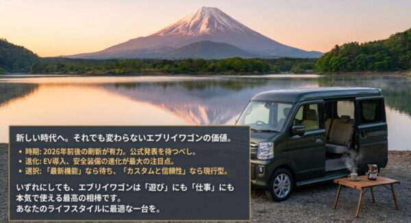 2026年予想のエブリイワゴンフルモデルチェンジに関する要点と結論をまとめたスライド