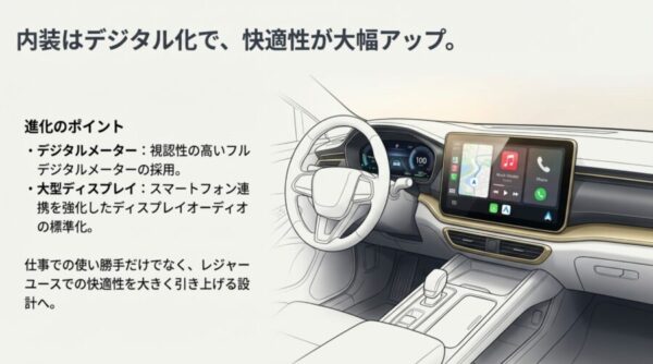 フルデジタルメーターや大型ディスプレイオーディオなど、次期エブリイワゴンの内装進化ポイントの図解