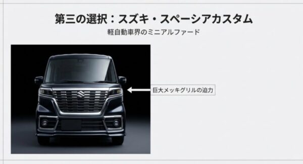 アルファードに匹敵する巨大メッキグリルを備えたスペーシアカスタムのフロントビュー