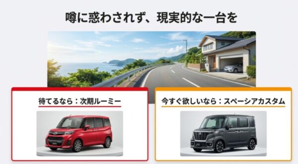 海沿いの道を背景に並ぶトヨタ・ルーミーとスズキ・スペーシアカスタムのイメージ画像