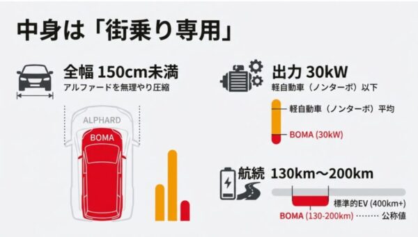 全幅150cm未満のBOMAと本家アルファードの大きさを比較したシルエット図