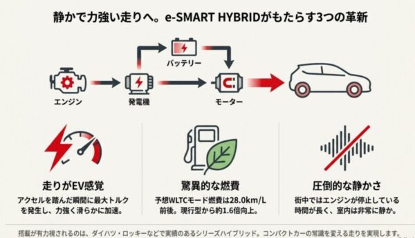 エンジンで発電しモーターで走行するシリーズハイブリッドの仕組み図解。「走りがEV感覚」「驚異的な燃費」「静粛性」の3つのメリット。