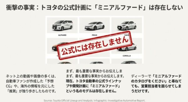 アルファード、プリウス、ヤリスなどが並ぶトヨタのラインナップ表に「公式には存在しません」というスタンプが押されている図。