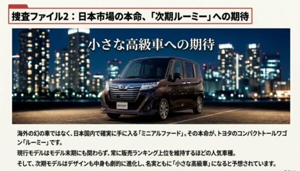 夜景をバックにしたトヨタ・ルーミーの写真。「小さな高級車への期待」というキャッチコピー。