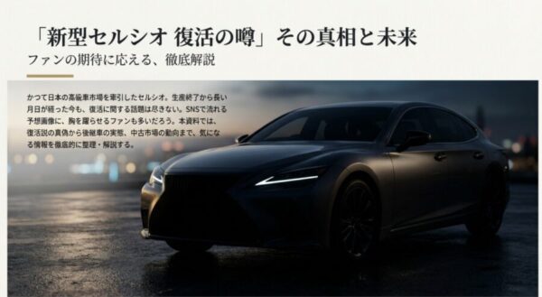新型セルシオ復活の噂に関する真相と後継車、中古市場の動向を解説したスライドの表紙