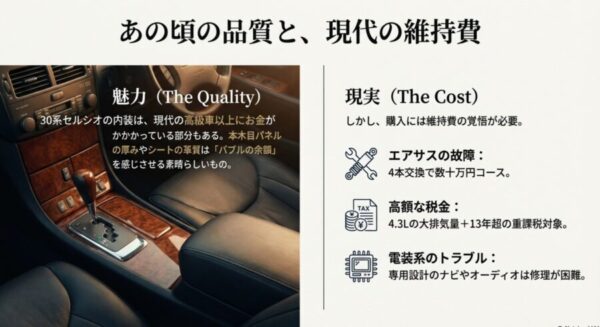 30系セルシオのV8エンジンと現代のハイブリッド車の燃費性能と魅力の違い