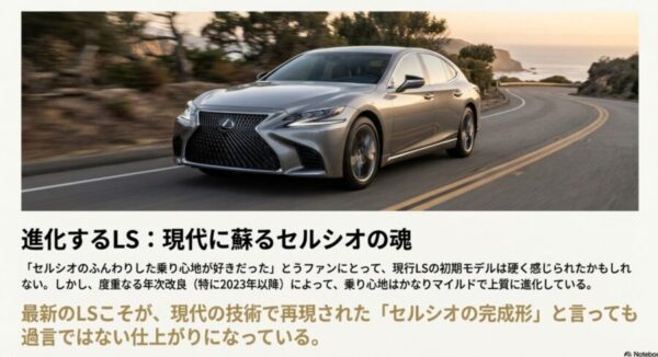 年次改良により乗り心地がセルシオに近づいた最新のレクサスLS