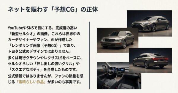 YouTubeやSNSで出回っている新型セルシオの画像がファンメイドの予想CGであることを解説