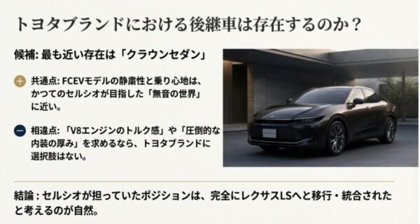 トヨタブランド内でセルシオの後継に近いクラウンセダンとレクサスLSへの移行についての解説