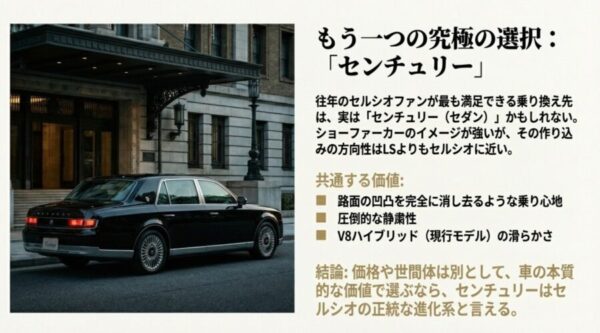 静粛性と乗り心地においてセルシオの正統な後継と言えるセンチュリーセダンの紹介