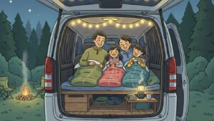 車中泊を楽しむ家族4人のイラスト
