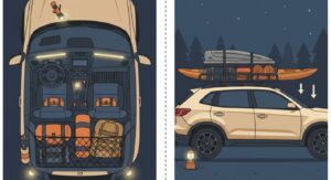 荷物を効率的に収納した車中泊の車内