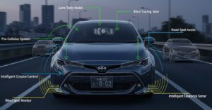 Toyota Safety Senseの衝突回避支援機能を示すイラスト