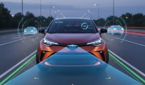 トヨタC-HR新型の安全装備が作動するイメージ。AIと自動運転支援を示す。