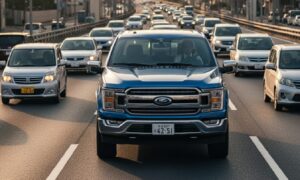 日本の道路で走行するフォードF-150の姿と国内利用のイメージ