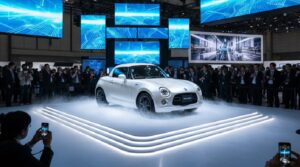 モーターショー会場で発表されるスポーツカー