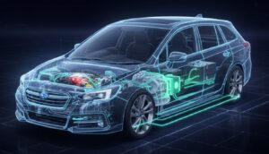 次期レヴォーグの2.5L S:HEVハイブリッドシステム構造を示し、燃費や加速性能の進化を説明する図解